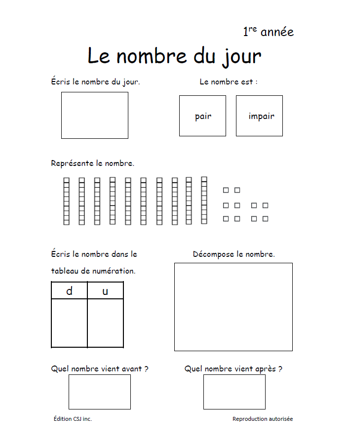1re année Le nombre du jour (Numérique)