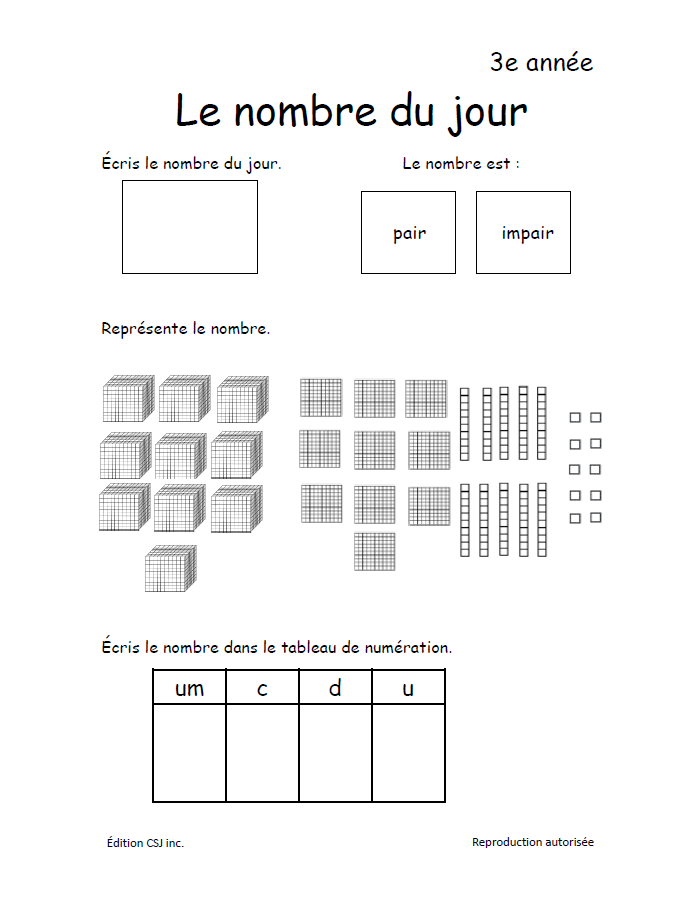 3e année Le nombre du jour (Numérique)