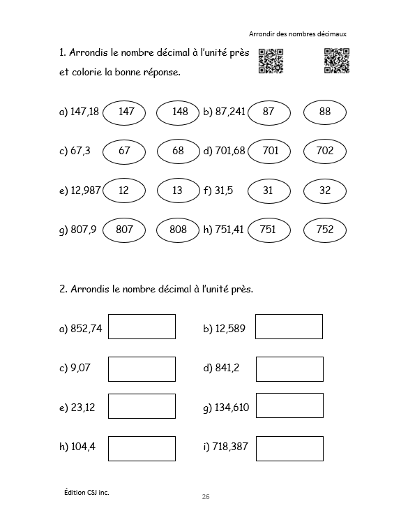 5e année Les nombres décimaux - CAHIER A