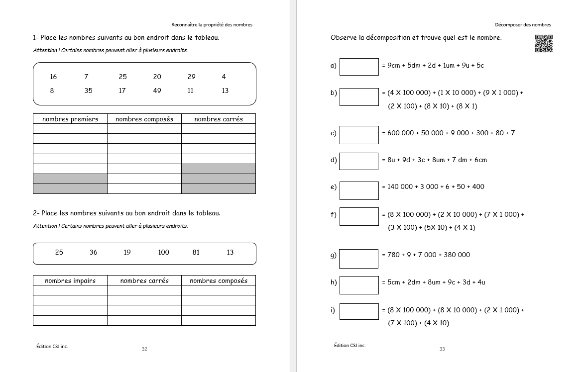 6e année Sens et écriture des nombres - CAHIER A (Numérique)