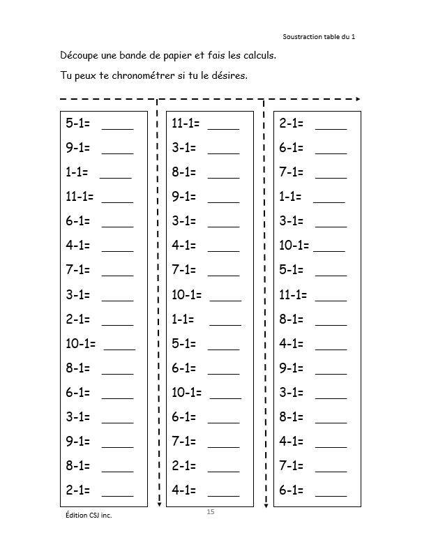 1re à 6e année Les tables d'additions et de soustractions - CAHIER A