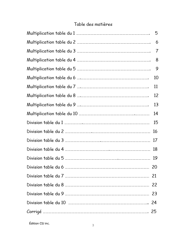 1re à 6e année Les tables de multiplications et de divisions - CAHIER A