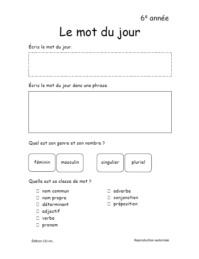 6e année Le mot du jour (Numérique)