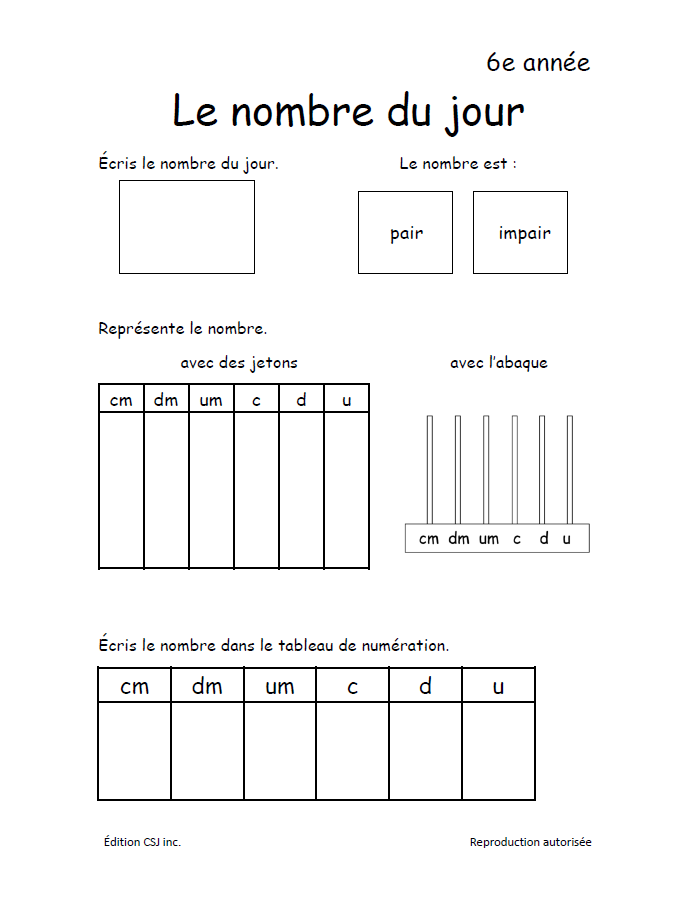 6e année Le nombre du jour (Numérique)